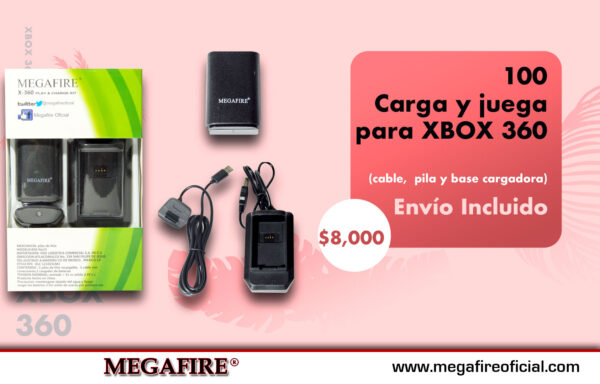 Paquete de 100 Carga y juega para XBOX 360 (cable, pila y base)